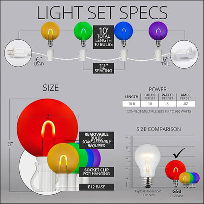 Wintergreen Lighting 10' Shatterproof FlexFilament LED Party Lights Globe String Lights G50 Backyard Lights Multicolor Outdoor Patio Lights String (10 Bulbs on White Wire)
