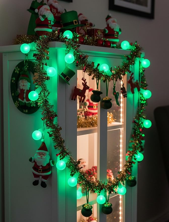 G40 LED St. Patrick's Day String Lights Outdoor, 25Ft St Patricks Decorations Lights Outdoor with Ceramic Green Round Bulbs, Hanging Patio Lights Shatterproof for Indoor Home Decor Party, White Wire