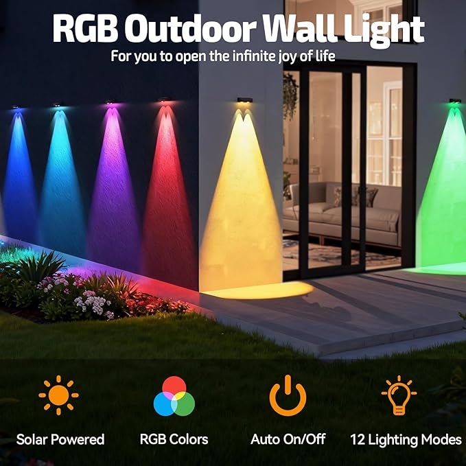 Solar Fence Lights Outdoor,Fence Solar Lights Outdoor IP65 Waterproof Designed with 12 Modes RGB 10 Colors for Wall Step Pool Railing Patio Backyard Holiday Feature Decorations (8 Pack)