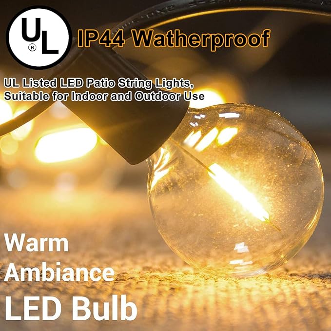 Abeja Outdoor String Lights, 25Ft G40 Globe LED Patio Lights with 27 Edison Plastic Bulbs(2 Spare), Hanging Patio | Lumora