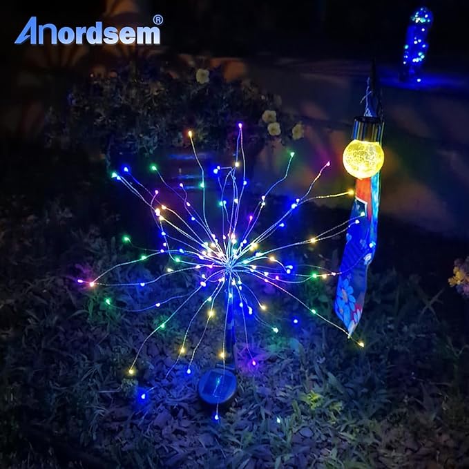 Anordsem Solar Garden Lights Outdoor: 120 LED Sparkler Fireworks Starburst Colorful Lighting - Waterproof DIY Dandelion Outside Yard Art Decorations - Gardening Gifts for Women Grandma