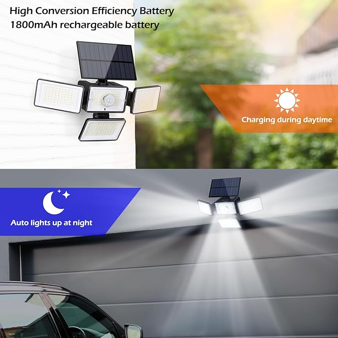 Solar Outdoor Lights 288 LED 2500LM,Motion Sensor Outdoor Light with Remote Control,4 Heads IP65 Waterproof Outdoor Solar Security Lights for Patio Garden Backyard Yard (2 Pack)