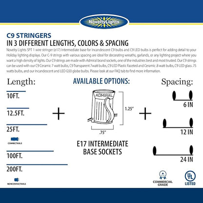 Novelty Lights 100 Foot C9 Outdoor String Light Christmas Stringer - Patio String Lights - Intermediate Base (C9/E17) - 12" Spacing - White Wire