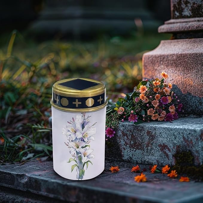 Solar Lighted Lily Cross Print Waterproof Solar Grave Outdoor Lights for Cemetery Landscape Path Flamesless Candle | Lumora