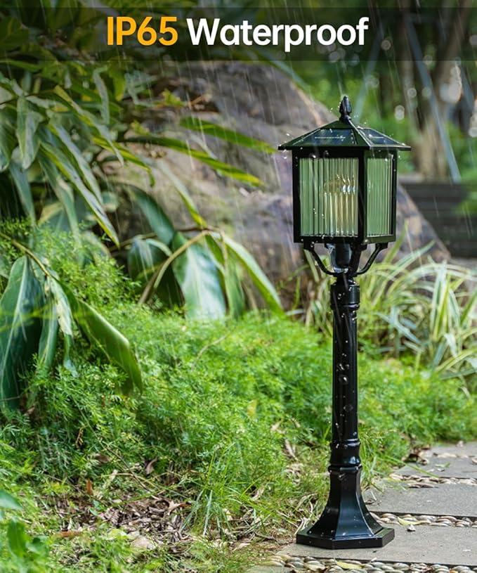 Solar Pathway Light Vintage Square Landscape Path Light Black Aluminum Bollard Lantern Solar Waterproof LED Bollard Lighting Fixture for Courtyard Garden Lawn Porch Patio