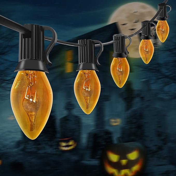 Abeja Orange Halloween Lights, 25FT Orange Flickering Lights String with 27 Flame Incandescent Blubs, Halloween | Lumora