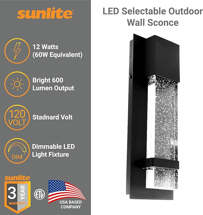 Sunlite LED Outdoor Raindrop Wall Sconce Light Fixture, 12 Watts (60W=), 600 Lumens, Color Selectable 30K/40K/50K, Dimmable, 120 Volts, ETL Listed, Black, for Patios, Garage & Entryway Use