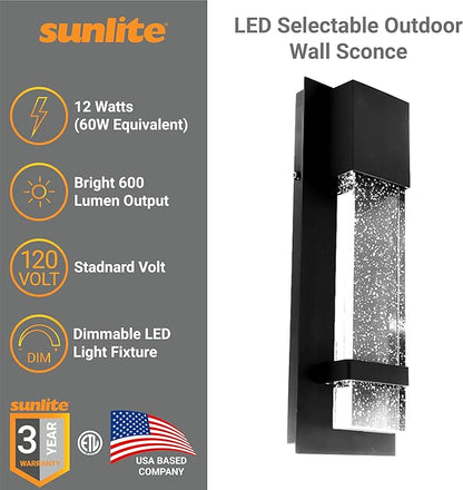 Sunlite LED Outdoor Raindrop Wall Sconce Light Fixture, 12 Watts (60W=), 600 Lumens, Color Selectable 30K/40K/50K, Dimmable, 120 Volts, ETL Listed, Black, for Patios, Garage & Entryway Use