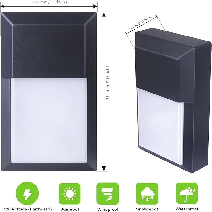 LIT-PaTH Outdoor LED Wall Lantern, Wall Sconce as Porch Lighting Fixture, 12W 1000 Lumens, Aluminum Housing Plus PC, 5000K Black Finish, 2-Pack