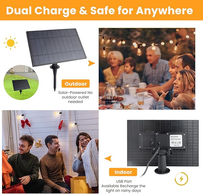 VUAA 150FT Solar Outdoor String Lights Waterproof, Solar Powered Patio Lights with 52 Shatterproof ST38 Edison Bulbs & Remote Control,LED Dimmable Solar String Lights for Outside