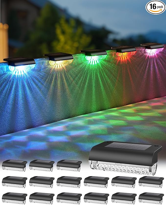16 Pack Solar Deck Lights Outdoor, RGB Christmas Solar Fence Lights Outdoor Led Powered Christmas Light Waterproof | Lumora