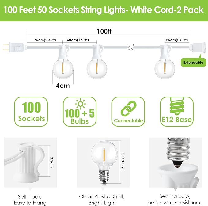 Mlambert 200Ft(2x100Ft) LED Outdoor String Lights, Dimmable G40 Globe Patio Lights with 100+5 2700K Waterproof Bulbs for Balcony-White Cord 2 Pack