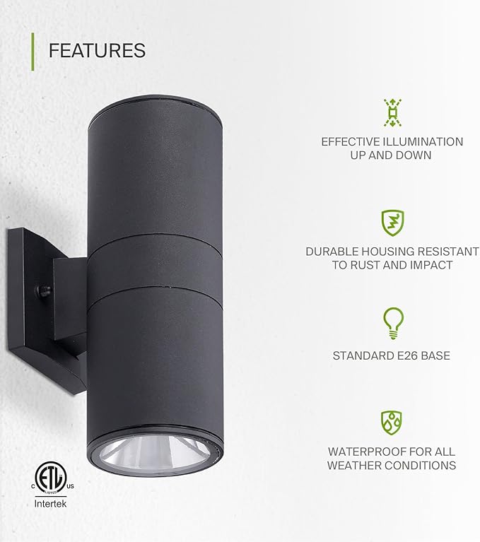 ASD 2 Light Outdoor Wall Light Fixture | 120W E26 Bulb Socket 120V ETL Cylinder Up Down Lights | | Lumora