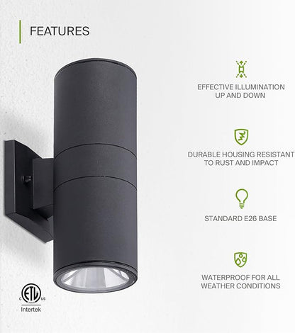 ASD 2 Light Outdoor Wall Light Fixture | 120W E26 Bulb Socket 120V ETL Cylinder Up Down Lights | LED/CFL/Incandescent Bulb Exterior Wall Sconce | Front Door, Porch, Patio Lighting | Black, 2 Pack