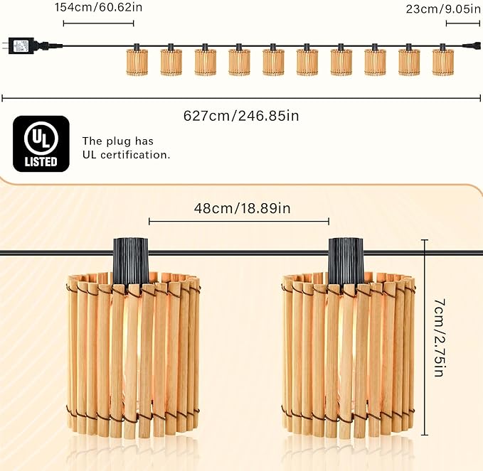 Decorative Plug in String Lights Outdoor Rattan Lamps, 20.5FT 10 LED G40 Bulb Waterproof Hanging Lantern for Patio, Yard, Deck, Garden - Indoor/Outdoor Use