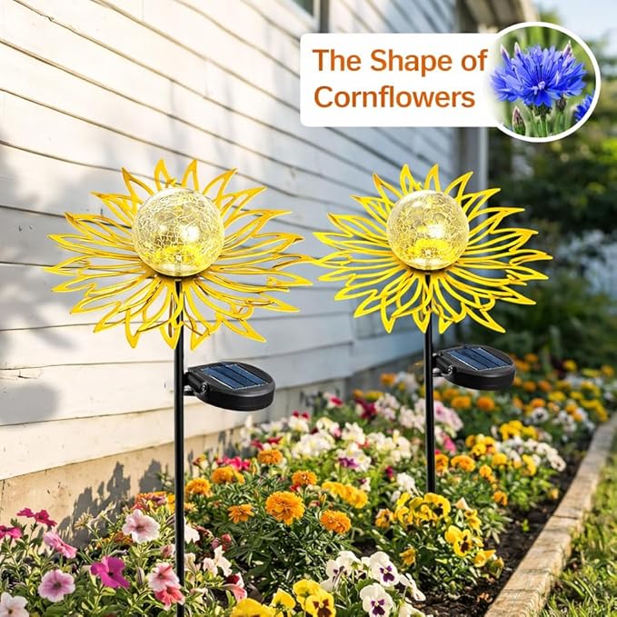 Solar Garden Lights Outdoor Decor, Metal Flower Stake Light with Warm White Crackle Glass Globe, Waterproof Decorative Solar Yard Art for Patio Lawn Backyard Pathway, Gardening Gift(Gold)