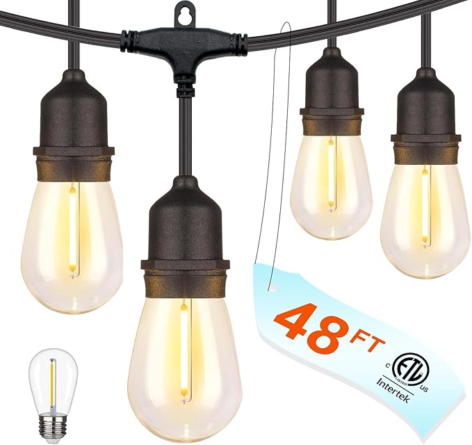 48FT Outdoor Waterproof String Lights with 25 Shatterproof Bulbs, IP65 Patio Lights for Garden Wedding Cafe - Tangle-Free Cables with Hooks (Warm White)
