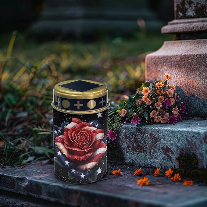 American Flag Rose Solar Powered Cemetery Memorial Light,Cemetery Decorations for Grave,Grave Markers for Cemetery Solar Cemetery Lamp,Solar Grave Light