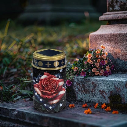 American Flag Rose Solar Powered Cemetery Memorial Light,Cemetery Decorations for Grave,Grave Markers for Cemetery Solar Cemetery Lamp,Solar Grave Light