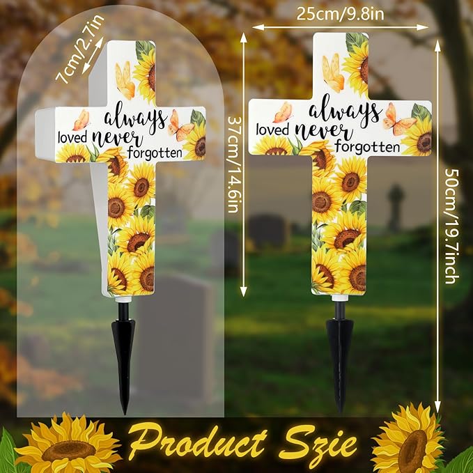 VIHOSE Sunflower Solar Lighted Cross Always Loved Never Forgotten Outdoor Sunflower Solar Decoration Memorial Light up Cross Stake for Home Outside Church Cemetery Garden Yard Porch Lawn Decor