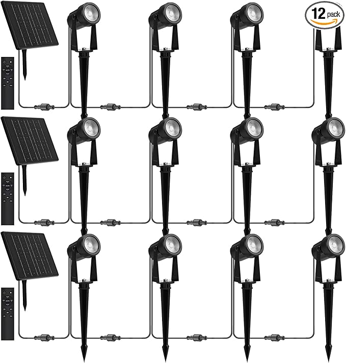Zyan Solar Landscape Spotlights, Separate Monocrystalline Panels & USB-C Powered 16200mAh All-Night Auto On Off Dusk to Dawn, Outdoor IP65 Waterproof, Warm White for Yard Pathway Patio (12 Pack)