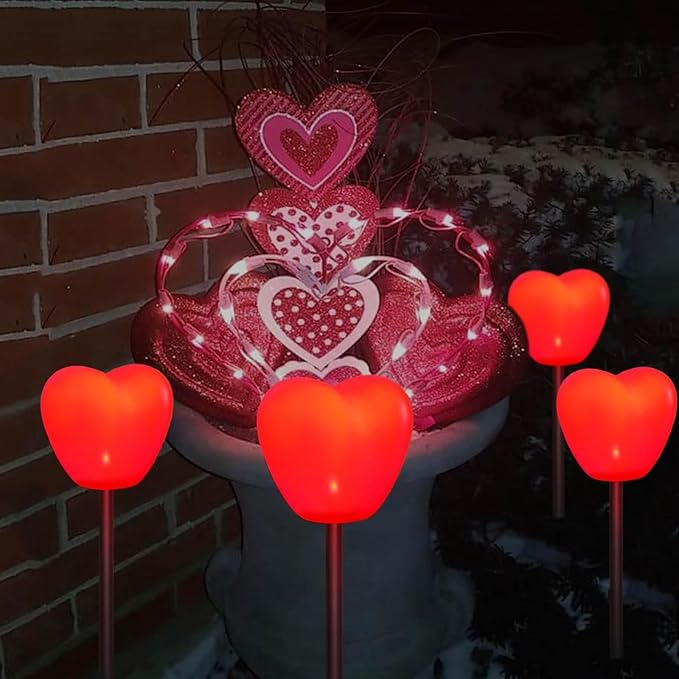 4 Pack Solar Red Heart Stake Lights for Valentines Day Decor, Outdoor Waterproof Heart Shaped Light for Garden Pathway Flowerbed Cemetery Grave Porch Walkway (Red)
