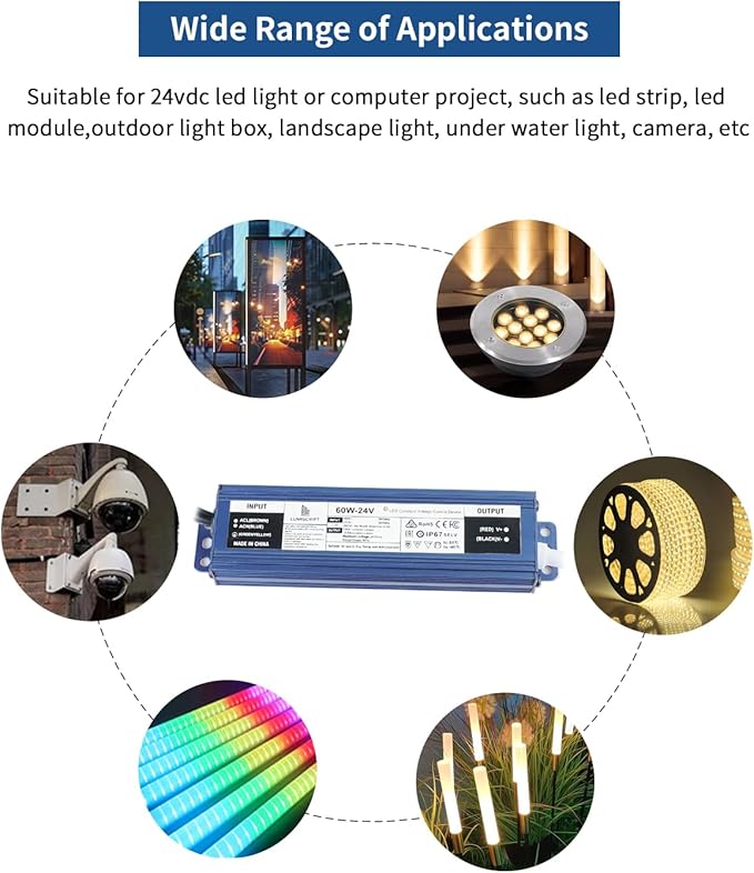 24V 60W Power Supply, IP67 Rainproof Waterproof Outdoor Driver, AC100-240V to DC 24V Low Voltage Transformer | Lumora