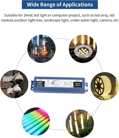 24V 60W Power Supply, IP67 Rainproof Waterproof Outdoor Driver, AC100-240V to DC 24V Low Voltage Transformer, Adapter Converter for LED Strip Lights