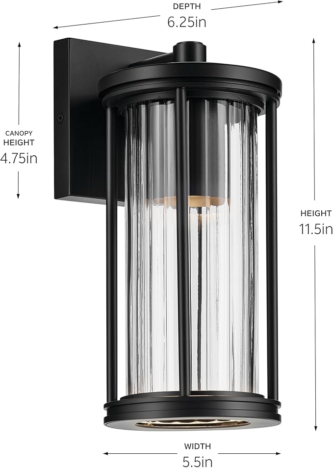 Kichler Barras 11.5" 1-Light Outdoor DarkSky Approved Wall Sconce with Clear Ribbed Glass in Black, Vertical Mount | Lumora