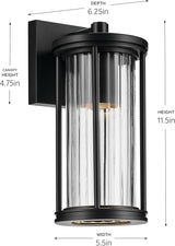 Kichler Barras 11.5" 1-Light Outdoor DarkSky Approved Wall Sconce with Clear Ribbed Glass in Black, Vertical Mount | Lumora