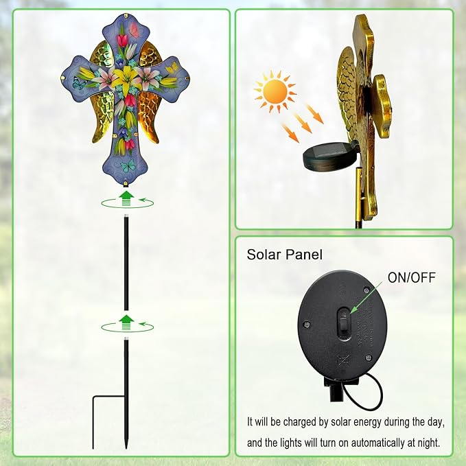 WAIU Solar Cross Garden Stake Lights,Metal Angel Wing & Acrylic Flowers Cross Solar Christmas Lights Outdoor,Waterproof Memorial Garden Decor for Cemetery,Grave,and Remembrance Gifts