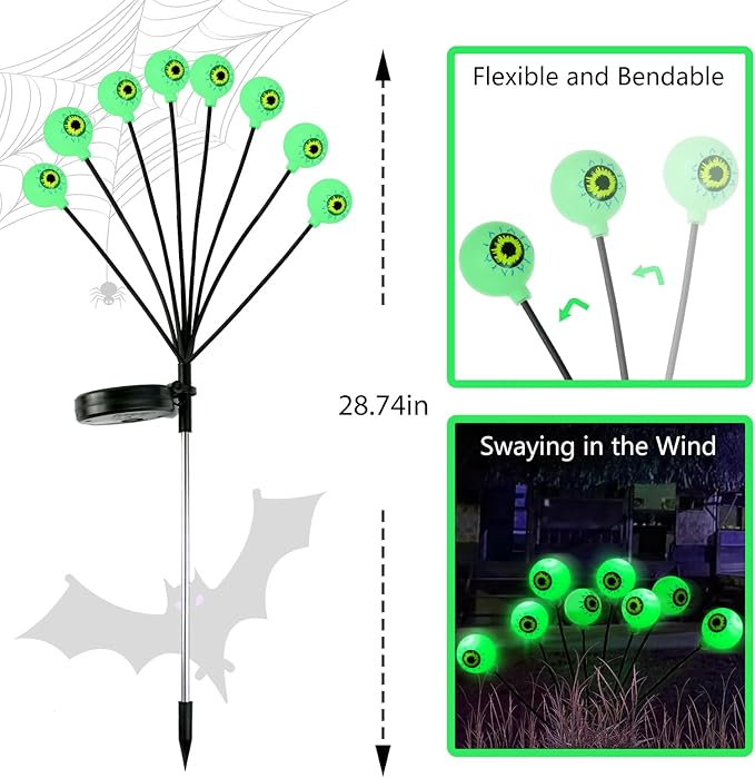 4 Pack Halloween Decorations Outdoor Lights - 32LED Solar Scary Eyeball Pathway Light Swaying by Wind, Waterproof Solar Halloween Stake Lights for Garden Porch Lawn Pathway (Green)