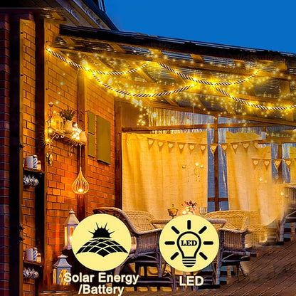 Solar String Lights Outdoor, Waterproof Natural Hemp Rope Lights with Remote/Rechargeable Port,Dimmable Outdoor Solar Light Cafe Lights for Garden Bistro Party Porch Yard Balcony (100led 5m)