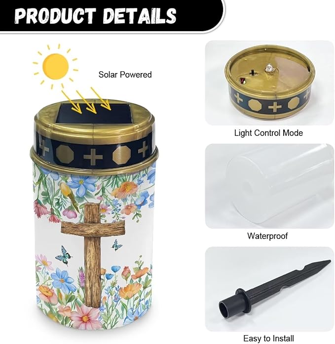 Poceacles Cross Solar Lights Solar Cemetery Lights Solar Grave Lights Outdoor Waterproof Decoration Pathway Lights Garden Solar Candle for Memorial Day Decor, Flower Butterfly Cross, Pack of 4