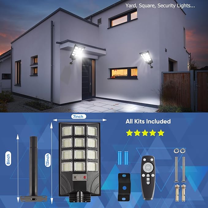 2pcs Solar Street Lights Outdoor Waterproof 600W 30000LM Solar Street Lights for Outside Parking Lot 192 5730LEDs Dusk to Dawn Solar Outdoor Lighting Motion Sensor Light for Garage Remote Control