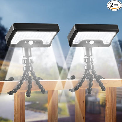 Solar Motion Lights Outdoor with Flexible Octopus Tripod, USB & Solar Powered Motion Sensor Lights with 92 LEDs(600LM,6000K), IP65 Waterproof Motion Activated Light for Fence, Camping, Gutter(2 Pack)
