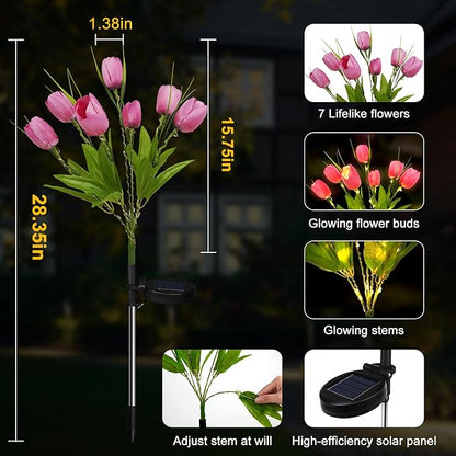 Aolyty Solar Garden Lights Outdoor, Solar Tulip Lights 2 Pack with 14 Tulip Flowers, IP65 Waterproof LED Stake Light for Pathway Patio Yard Landscape Decorative (Pink)