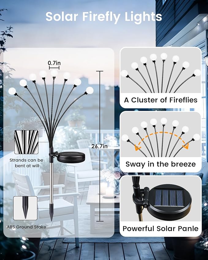 OZS 10 Pack Total 80 LED Solar Firefly Lights Fairy Outdoor - Solar Garden Lights Outdoor, Sway by Wind, Waterproof for Garden Patio Pathway Fairy Decoration (Cold White)