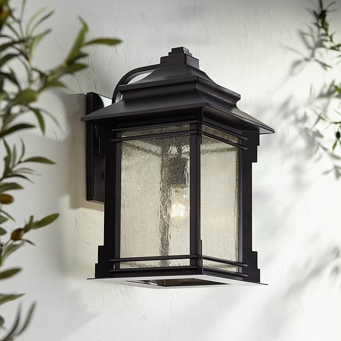 Franklin Iron Works Hickory Point Farmhouse Rustic Mission Outdoor Wall Light Fixture Bronze Lantern 19" Frosted | Lumora