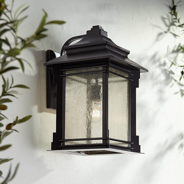 Franklin Iron Works Hickory Point Farmhouse Rustic Mission Outdoor Wall Light Fixture Bronze Lantern 19" Frosted | Lumora
