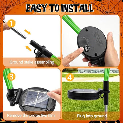 Halloween Solar Garden Lights Outdoor, 4 Pack 24 LED Firefly Swaying Lights with Pumpkin Ghost Skeleton Tombstone Decor, 6 Heads Waterproof Pathway Yard Lawn Graveyard Decorations(4 Pack-HW LEDs)