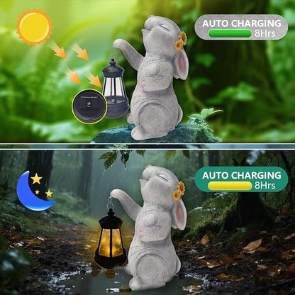 Garden Statue Solar Garden Decor Solar Rabbit with LED Light Outdoor Easter Decorations for Home, Patio, Yard,Lawn Ornaments Waterproof Resin Figurine Christmas Mother's Day Gifts（9.8 Inch）