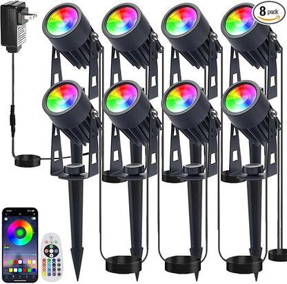Smart RGB Low Voltage LED Spotlights, APP & Remote Control,Synchronous Dimming Lighting System, IP65 Waterproof,16 Million Colors for Outdoor Landscape,Yard,Garden,Holiday Decoration (8 Pack)