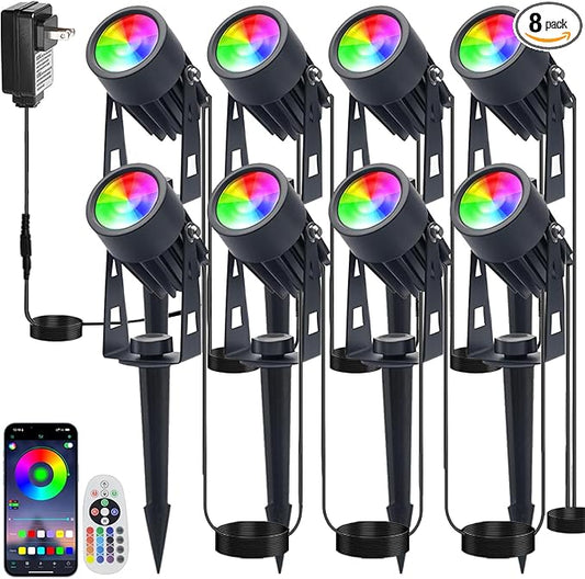 Smart RGB Low Voltage LED Spotlights, APP & Remote Control,Synchronous Dimming Lighting System, IP65 Waterproof,16 Million Colors for Outdoor Landscape,Yard,Garden,Holiday Decoration (8 Pack)