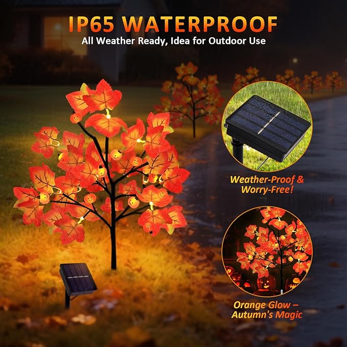 4 Packs Solar Fall Thanksgiving Decorations Outdoor, 80LED Maple Leaf Pumpkin Fall Lights for Outdoor Fall Decorations, Waterproof Thanksgiving Lights for Yard, Pathway Harvest Decor