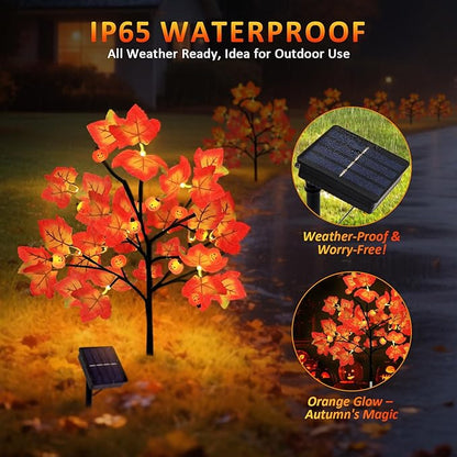 4 Packs Solar Fall Thanksgiving Decorations Outdoor, 80LED Maple Leaf Pumpkin Fall Lights for Outdoor Fall Decorations, Waterproof Thanksgiving Lights for Yard, Pathway Harvest Decor