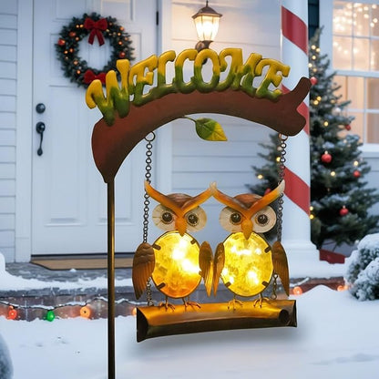 HONGLAND Solar Lights Outdoor Decor, Owl Swing Garden Decor, Owl Gifts for Women Mom, Whimsical Garden Lights Outdoor Decorations with Welcome Sign for Outside Patio Yard Lawn Decor