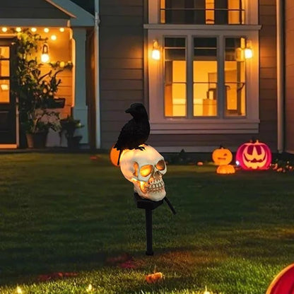 Halloween Skull Lights Crow on Skull Solar Pathway Lights Waterproof Scary Skeleton LED Outdoor Decorations, Realistic Resin Material for Patio Lawn Yard Garden Home Halloween Party (B)