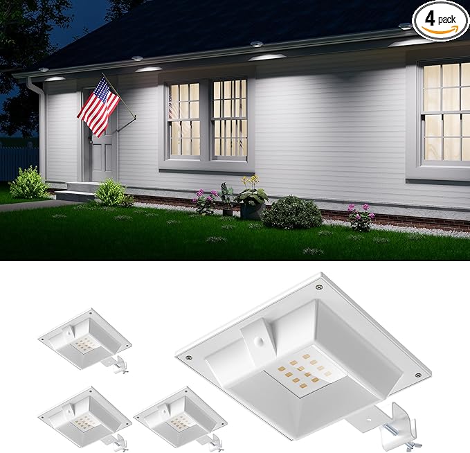 4 Pack White Solar Powered Gutter Lights Outdoor Decorative Waterproof 12 LEDs Yard Lamp for Lighting Fence, Railing, Outside Wall, Deck, Garden, Path, Backyard, Walkway, Patio, Holeless Installation