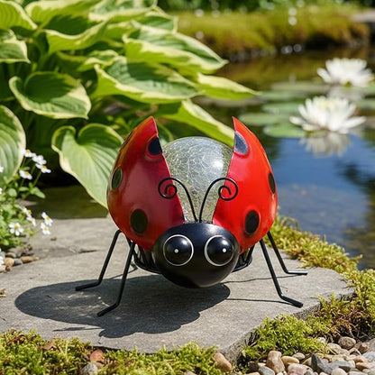 Solar Lights Outdoor Ladybug Decor with Crackle Glass Globe Lights - Cute Metal Ladybug Decor for Yard Lawn Patio Porch Pathway Tabletop, Housewarming Gifts for Mom Women